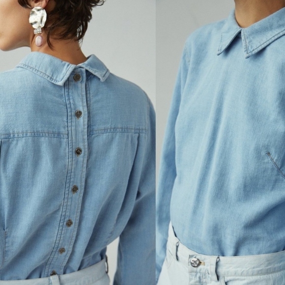 RACHEL COMEY Account Top in Baby Blue Reverse Button Down Blouse Double Collar 6 - Picture 2 of 7